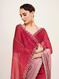 Pink Embellished Beads And Stones Chiffon Saree