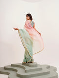 Peach And Green Ombre Sequinned Lace Tissue Saree