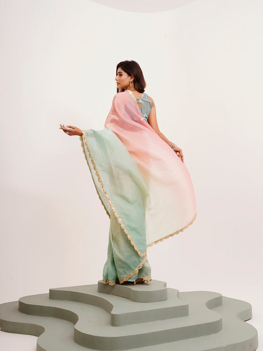 Peach And Green Ombre Sequinned Lace Tissue Saree