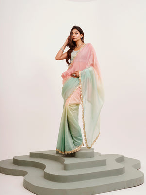 Peach And Green Ombre Sequinned Lace Tissue Saree