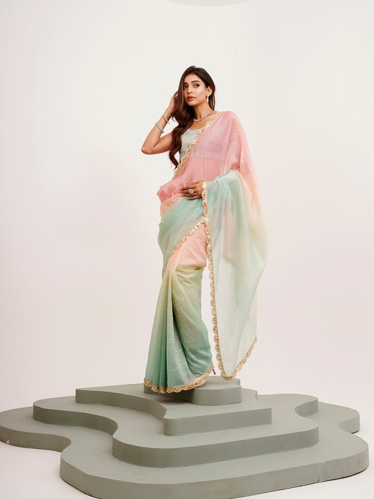 Peach And Green Ombre Sequinned Lace Tissue Saree