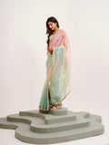 Peach And Green Ombre Sequinned Lace Tissue Saree