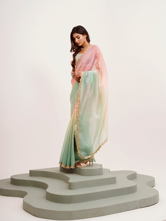 Peach And Green Ombre Sequinned Lace Tissue Saree
