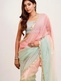 Peach And Green Ombre Sequinned Lace Tissue Saree