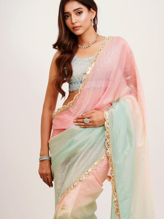 Peach And Green Ombre Sequinned Lace Tissue Saree