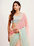 Peach And Green Ombre Sequinned Lace Tissue Saree