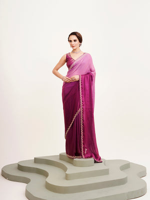 Pink Ombre Beads And Stones Satin Saree