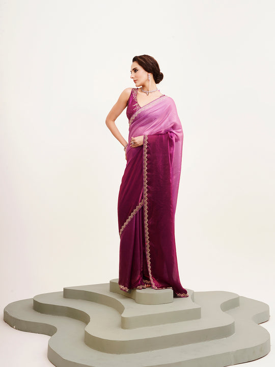 Pink Ombre Beads And Stones Satin Saree