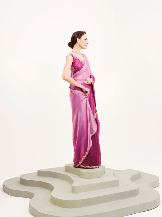 Pink Ombre Beads And Stones Satin Saree