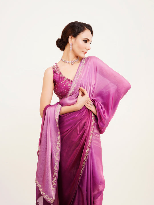 Pink Ombre Beads And Stones Satin Saree