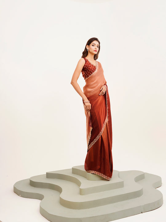 Maroon Ombre  Embellished Beads And Stones Satin Saree
