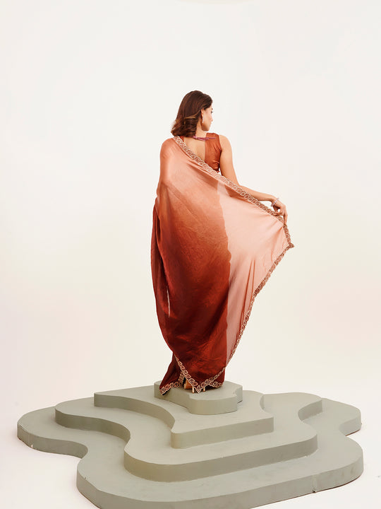 Maroon Ombre  Embellished Beads And Stones Satin Saree