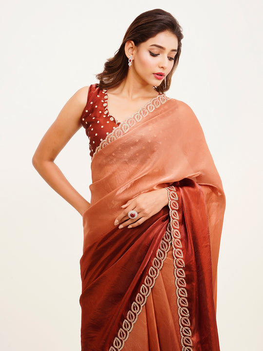 Maroon Ombre  Embellished Beads And Stones Satin Saree