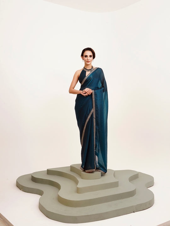 Teal Embellished Beads And Stones Partywear Satin Saree