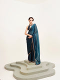 Teal Embellished Beads And Stones Partywear Satin Saree