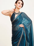 Teal Embellished Beads And Stones Partywear Satin Saree