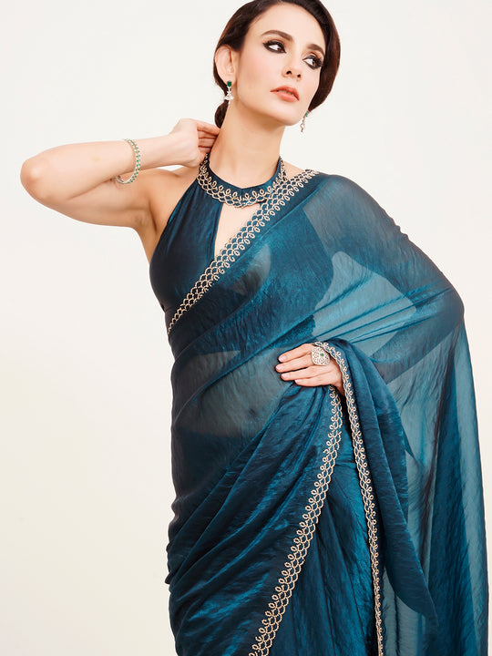 Teal Embellished Beads And Stones Partywear Satin Saree