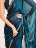 Teal Embellished Beads And Stones Partywear Satin Saree