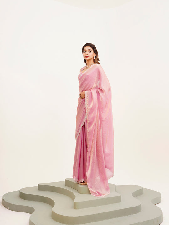 Pink Embellished Beads And Stones Partywear Satin Saree