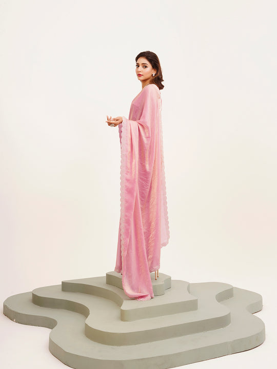 Pink Embellished Beads And Stones Partywear Satin Saree