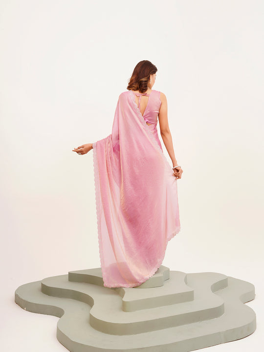 Pink Embellished Beads And Stones Partywear Satin Saree