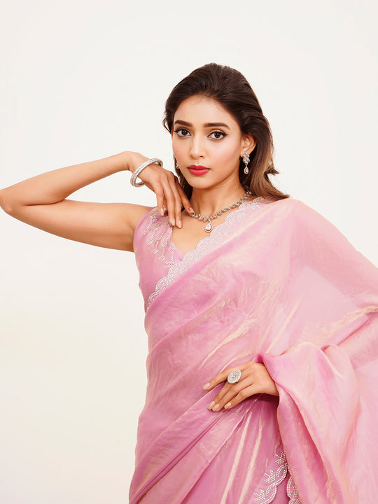 Pink Embellished Beads And Stones Partywear Satin Saree