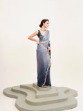 Blue Ombre Embellished Beads And Stones Satin Saree