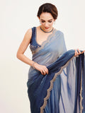 Blue Ombre Embellished Beads And Stones Satin Saree