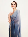 Blue Ombre Embellished Beads And Stones Satin Saree