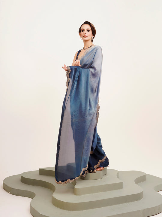 Blue Ombre Embellished Beads And Stones Satin Saree