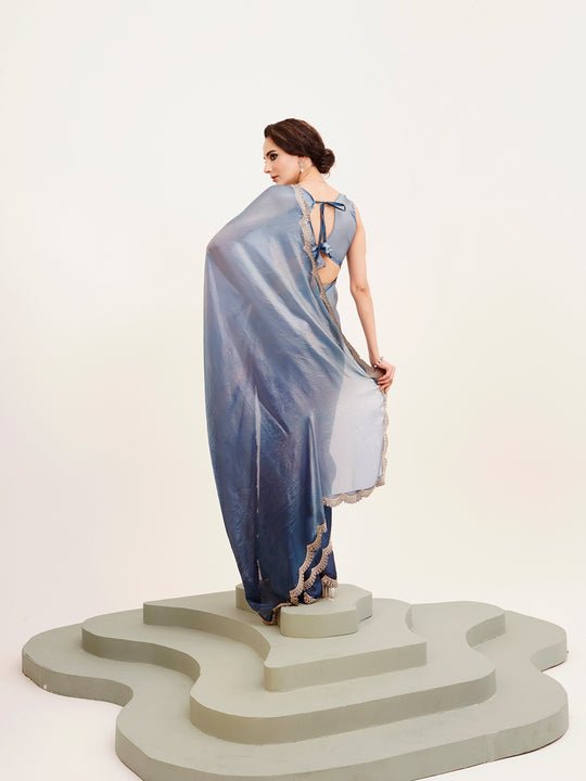 Blue Ombre Embellished Beads And Stones Satin Saree