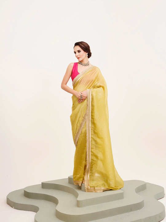 Lime Yellow Embellished Solid Saree