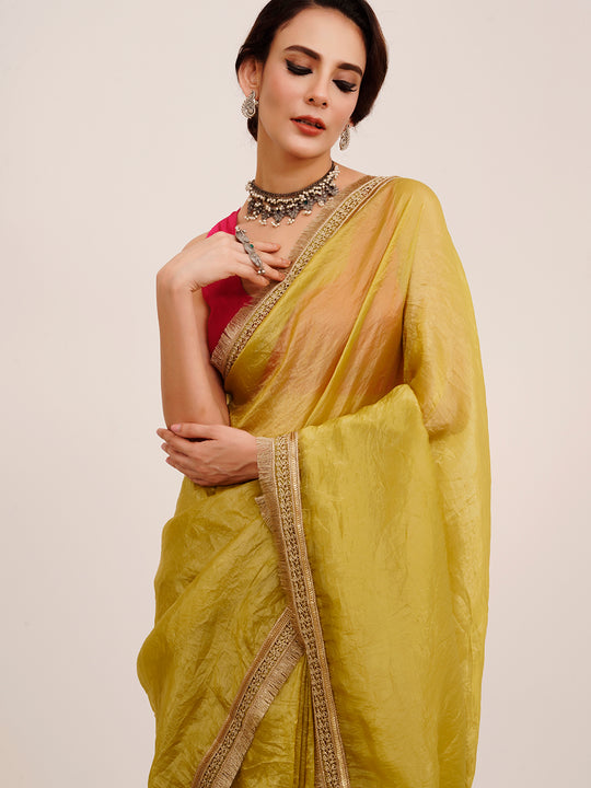 Lime Yellow Embellished Solid Saree