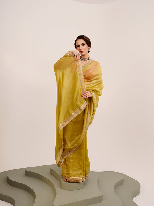 Lime Yellow Embellished Solid Saree