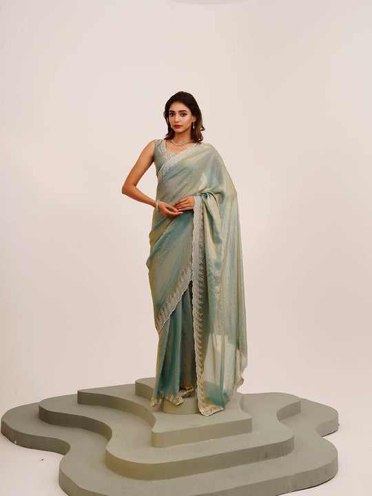 Metallic Embellished Beads And Stones Partywear Satin Saree
