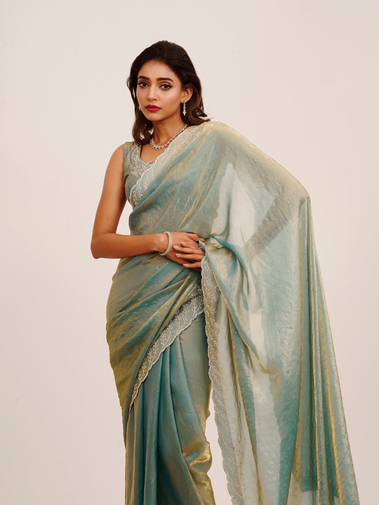 Metallic Embellished Beads And Stones Partywear Satin Saree