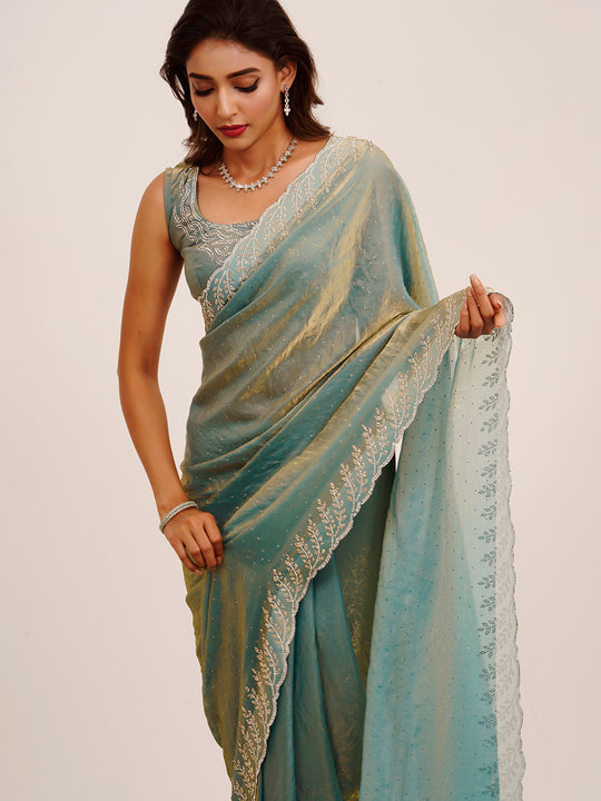 Metallic Embellished Beads And Stones Partywear Satin Saree