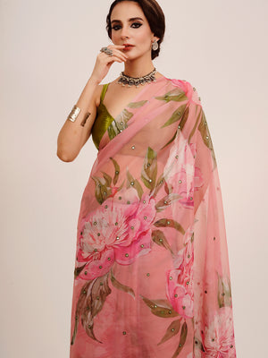 Multicolor Floral Print Mirror Work Organza Saree