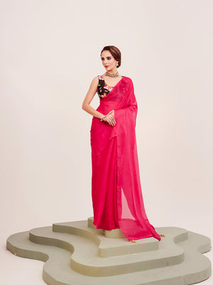 Pink Solid Organza Saree With Tassels And Heavy Embroidered Blouse