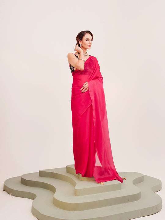 Pink Solid Organza Saree With Tassels And Heavy Embroidered Blouse
