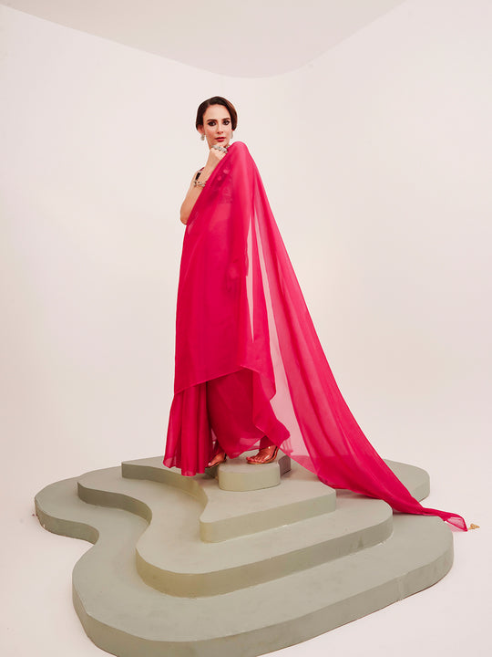 Pink Solid Organza Saree With Tassels And Heavy Embroidered Blouse