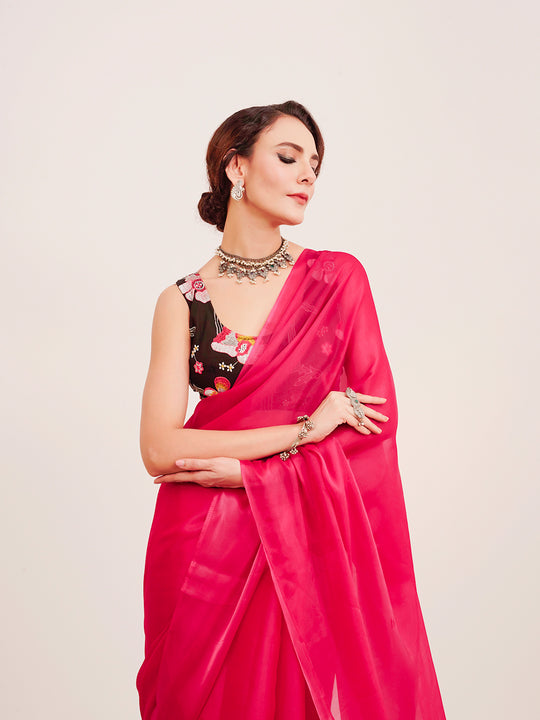 Pink Solid Organza Saree With Tassels And Heavy Embroidered Blouse