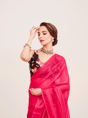 Pink Solid Organza Saree With Tassels And Heavy Embroidered Blouse