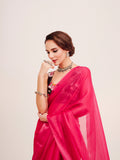 Pink Solid Organza Saree With Tassels And Heavy Embroidered Blouse
