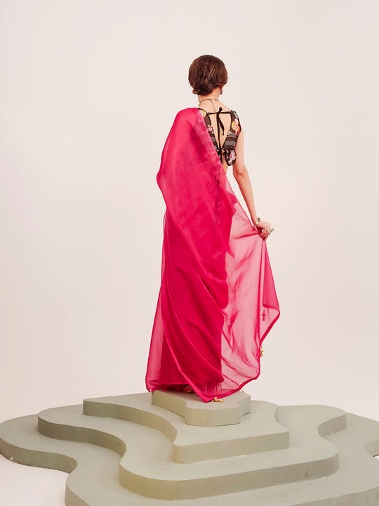 Pink Solid Organza Saree With Tassels And Heavy Embroidered Blouse