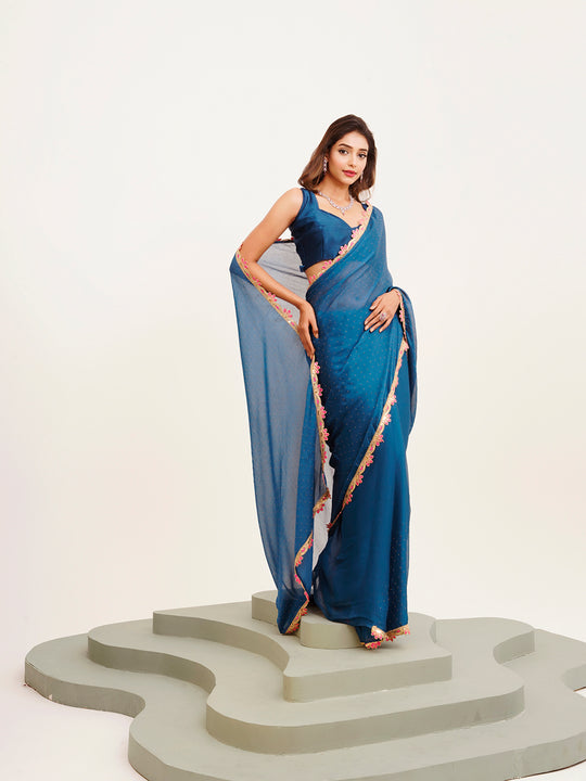 Blue Beads And Stones Party Wear Satin Saree