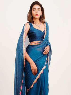 Blue Beads And Stones Party Wear Satin Saree