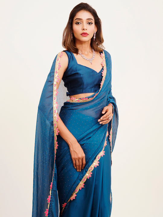 Blue Beads And Stones Party Wear Satin Saree