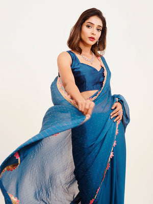 Blue Beads And Stones Party Wear Satin Saree