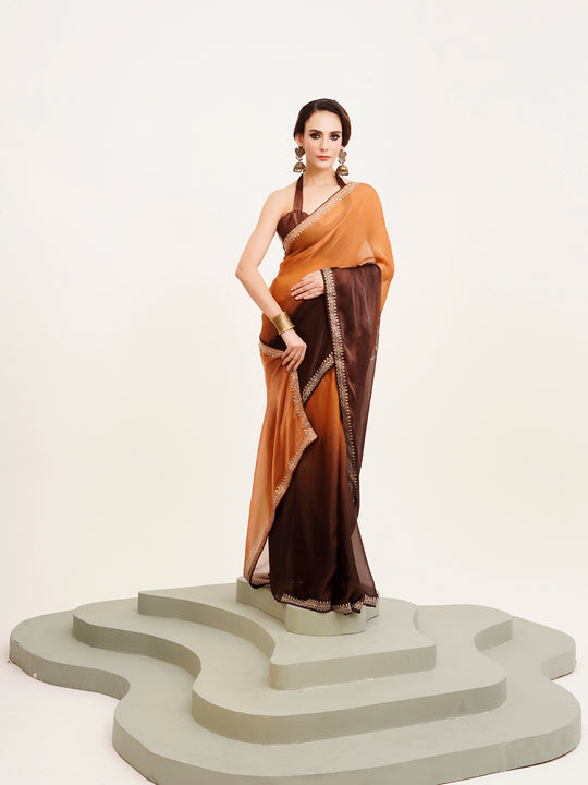 Brown Ombre Embellished Beads And Stones Pure Chiffon Saree